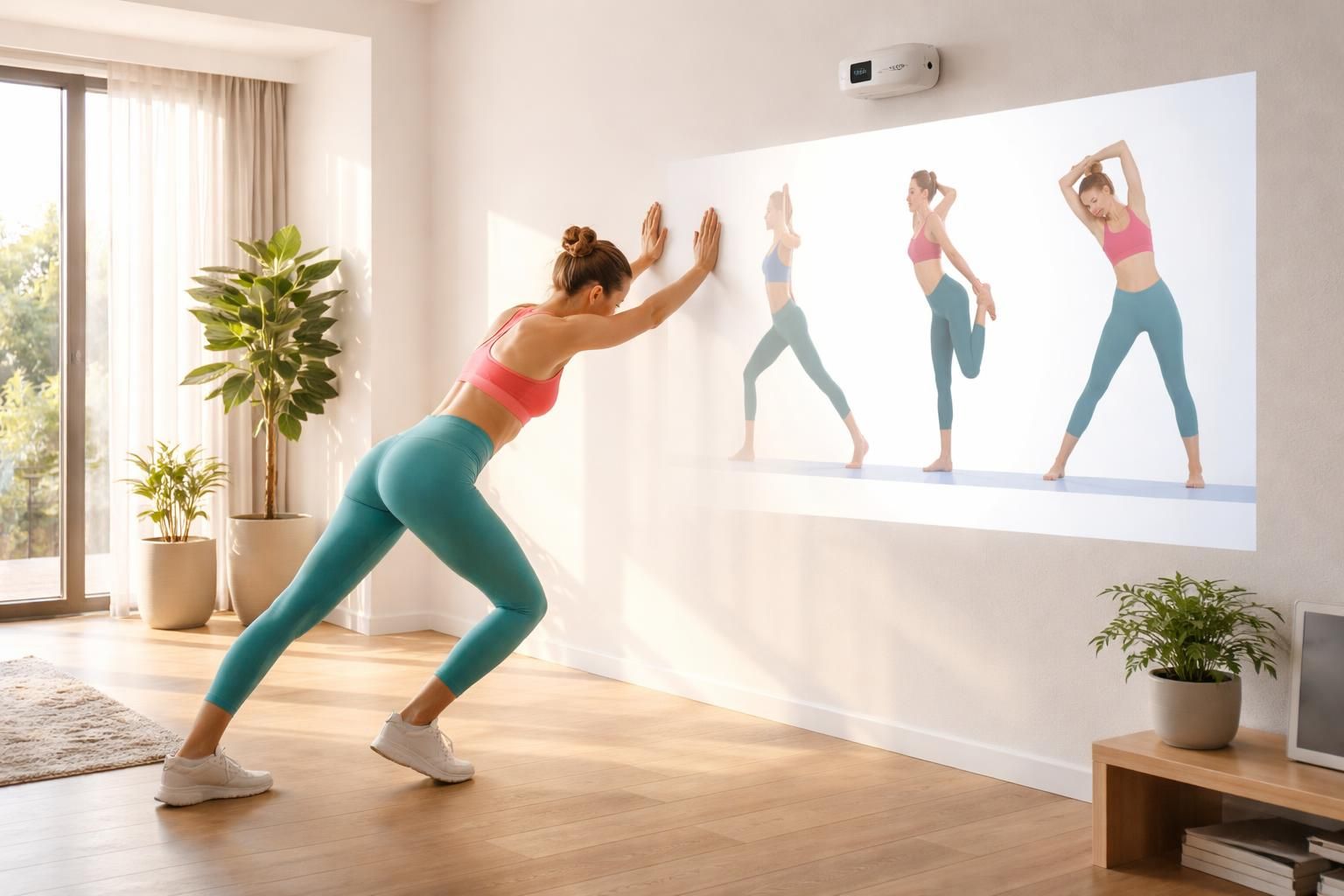 découvrez une séance de stretching guidée au mur grâce au mini vidéoprojecteur acer, pour allier bien-être et technologie dans votre espace.