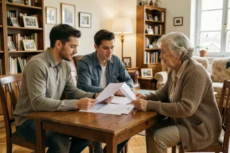 Jeune couple d'investisseurs discutant d'un contrat viager avec une propriétaire âgée dans un appartement chaleureux