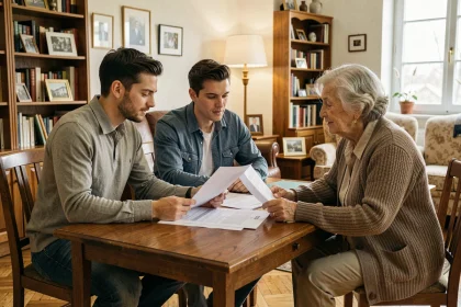 Jeune couple d'investisseurs discutant d'un contrat viager avec une propriétaire âgée dans un appartement chaleureux