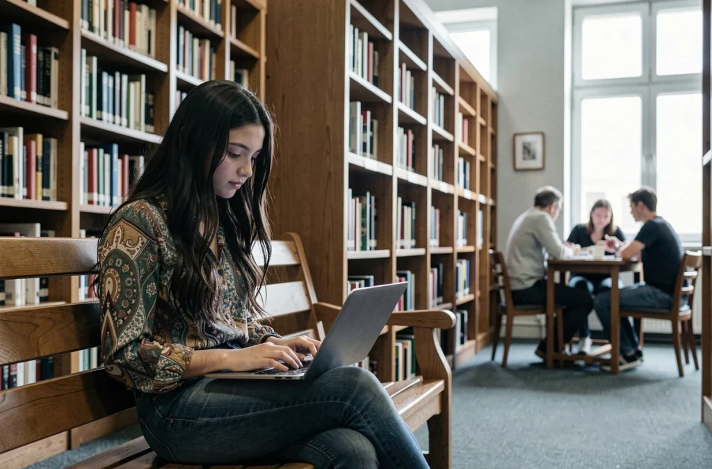 Adolescente lisant une bande dessinée en français sur ordinateur portable dans une bibliothèque publique calme