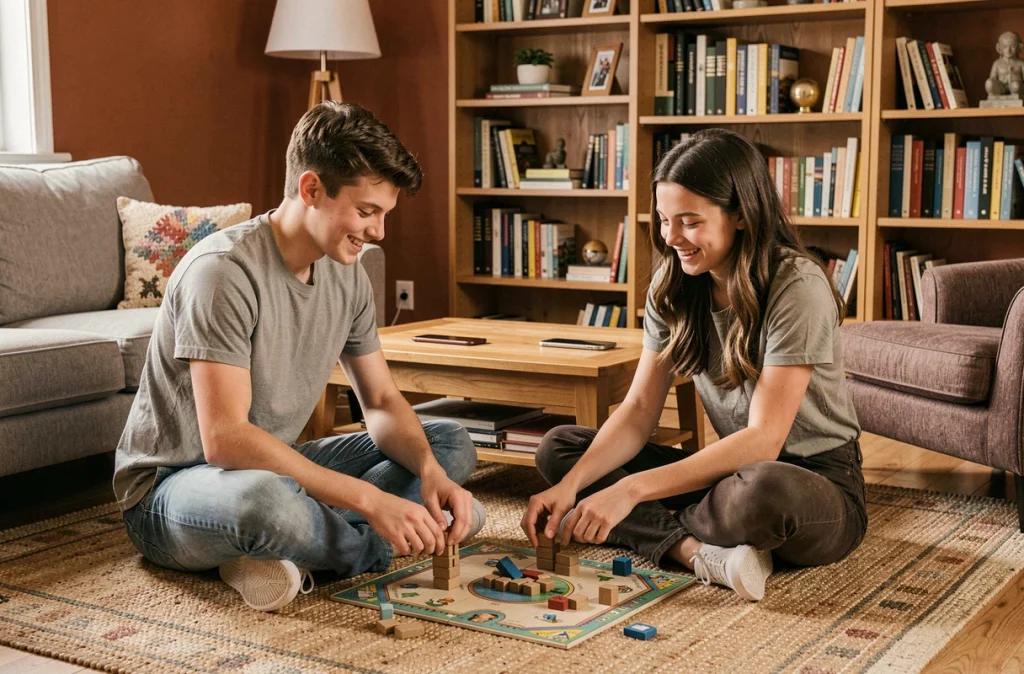 Deux adolescents jouant à un jeu de société avec des smartphones inutilisés à proximité, représentant le désengagement numérique des jeunes
