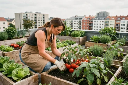Agriculture urbaine sur un toit avec des rangées de légumes et une jardinière inspectant les plants, skyline de ville en arrière-plan