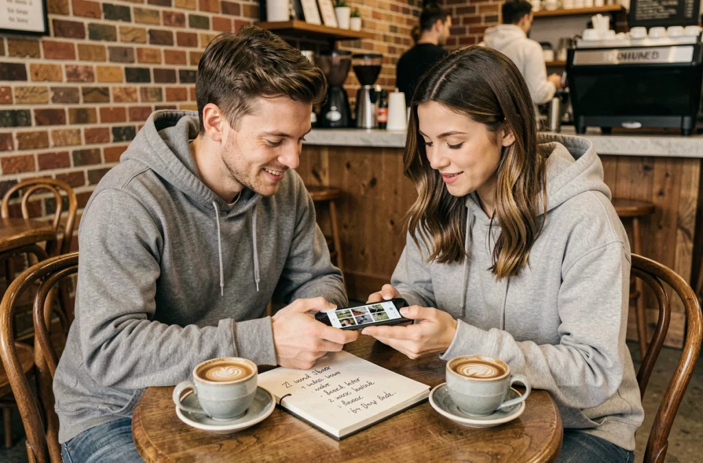 Deux amis dans un café consultant ensemble une liste de mots de 4 lettres pour résoudre le jeu 4 images 1 mot