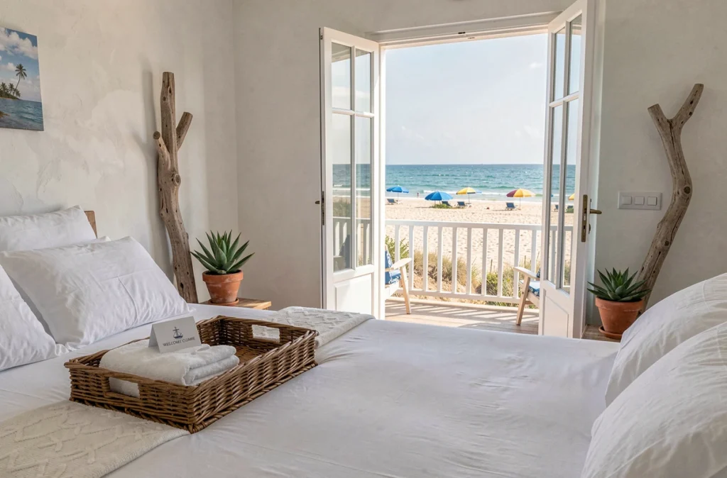 Appartement de bord de mer aménagé pour la location saisonnière avec vue sur la plage atlantique depuis le balcon