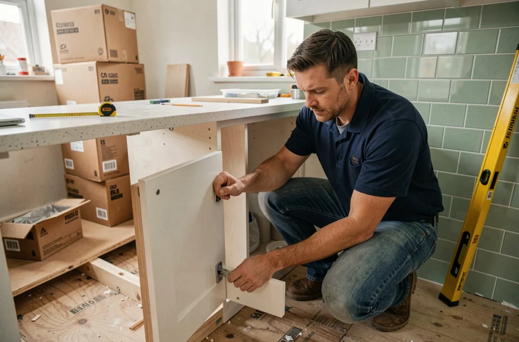 Artisan installant des portes d'armoires dans une cuisine en cours de rénovation avec carrelage vert sauge et matériaux neufs