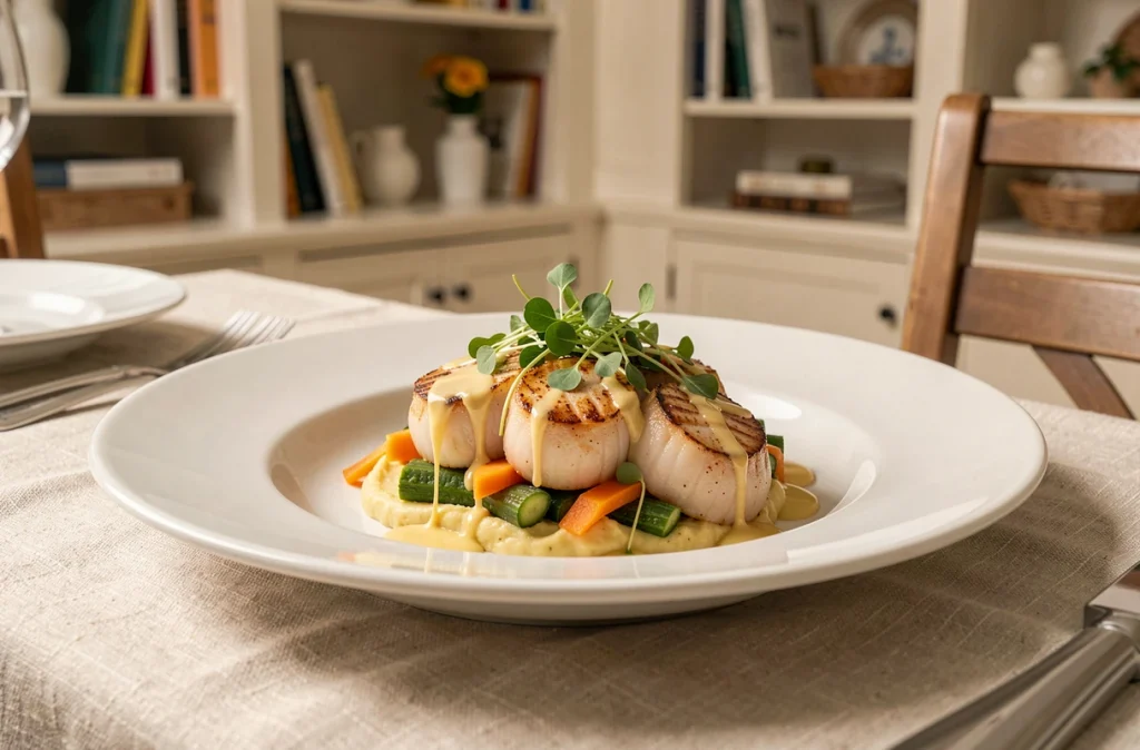 Assiette gastronomique de Saint-Jacques aux légumes normands inspirée des produits du marché de Deauville, dressée sur une table en lin