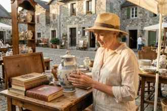 Femme examinant une céramique ancienne sur un stand de brocante en plein air dans un village du Cantal