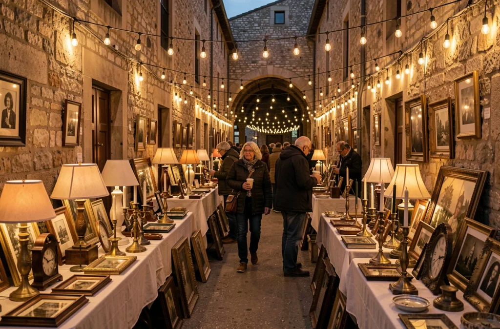 Allée de brocante nocturne illuminée dans une halle en pierre du Cantal avec visiteurs et objets anciens