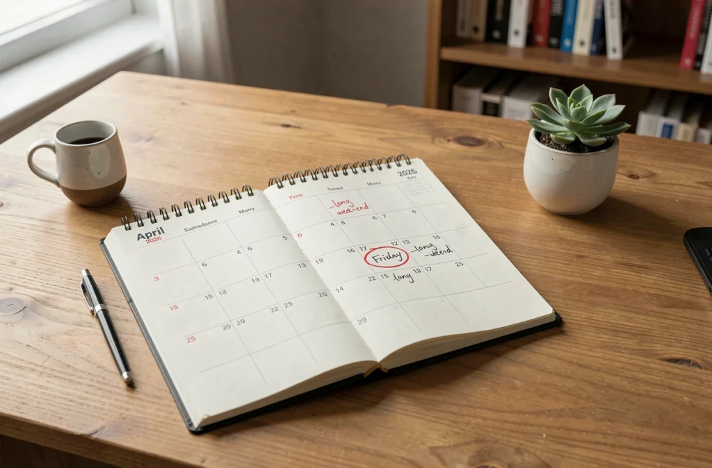 Calendrier 2026 avec un vendredi férié entouré pour planifier un long week-end