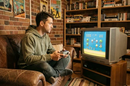 Homme tenant une manette rétro devant une télévision CRT dans un salon vintage rempli de consoles et cartouches de jeux classiques