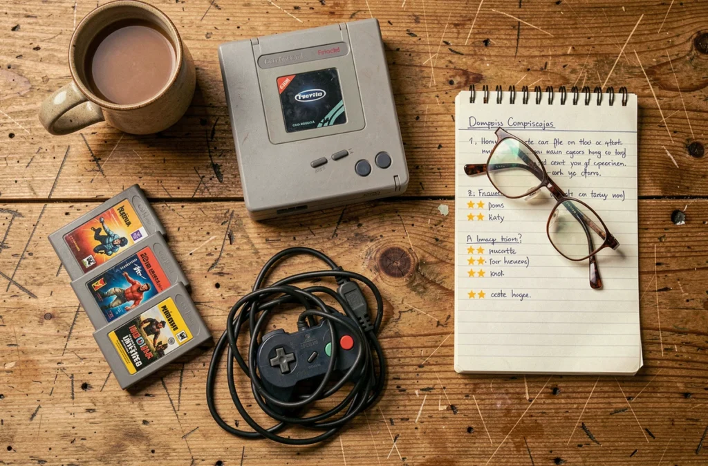 Vue du dessus d'une collection de consoles rétro, manettes, cartouches de jeux et notes de comparaison sur un bureau en bois