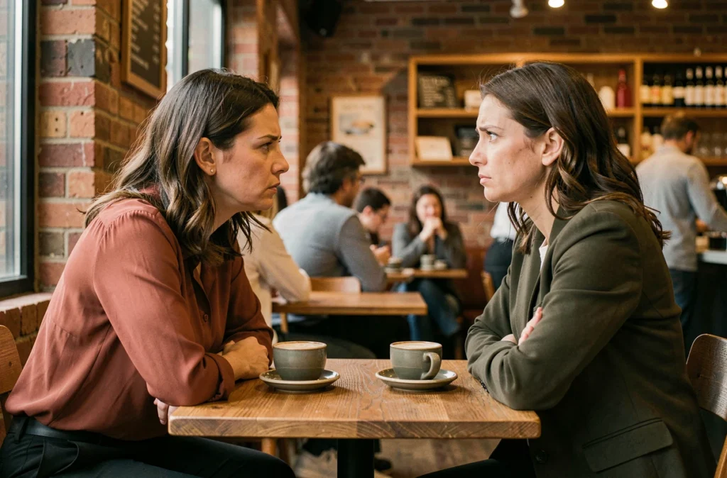 Deux femmes dans un café échangeant une vérité difficile lors d'une conversation sérieuse