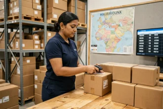 Employée d'entrepôt scannant des colis avec une carte de l'Île Maurice affichant les codes postaux en arrière-plan
