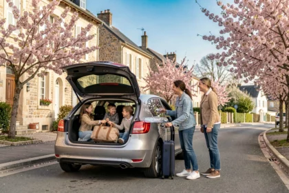 Famille française chargeant une voiture pour un long week-end férié en 2026