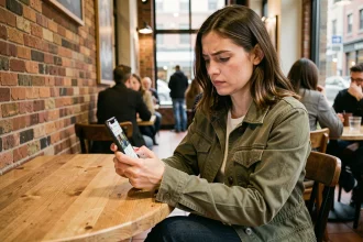 Une femme dans un café consulte son smartphone pour s'informer sur l'actualité locale via les réseaux sociaux