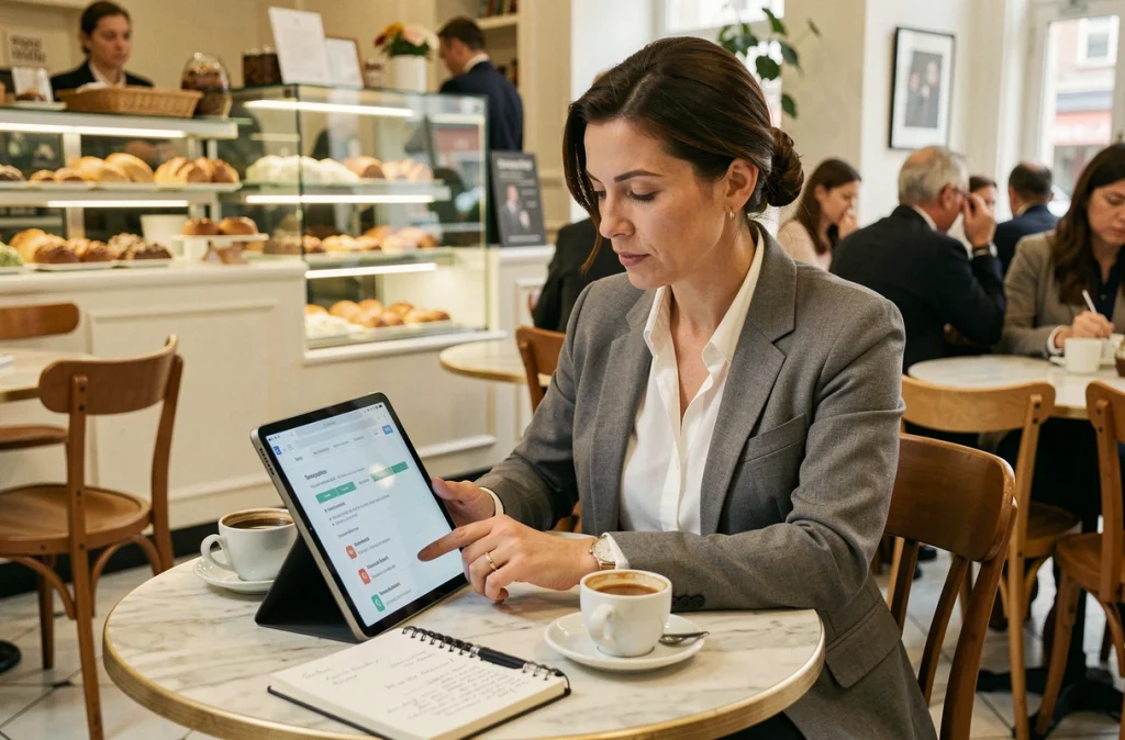 Femme professionnelle dans un café parisien consultant une tablette pour vérifier la disponibilité d'un abonnement gratuit laparenthesebusiness
