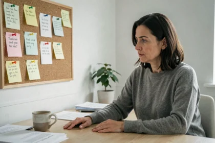 Femme réfléchissant à des citations percutantes épinglées sur un tableau dans un bureau minimaliste