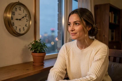 Femme contemplant l'heure 22h22 sur une horloge vintage près d'une fenêtre nocturne, symbolisant la signification des anges