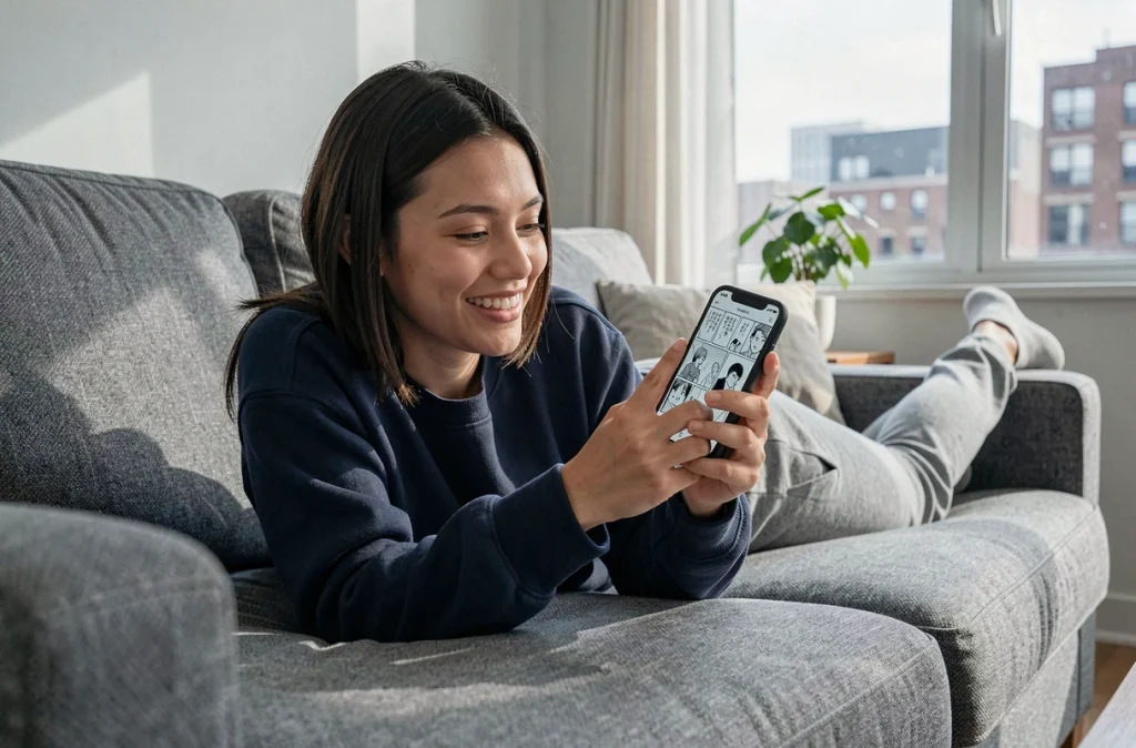 Jeune femme lisant un chapitre de manga Blue Lock sur smartphone allongée confortablement sur un canapé