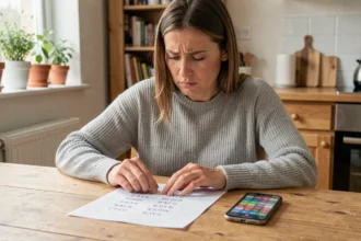 Femme concentrée consultant une liste de mots de 4 lettres pour résoudre un jeu 4 images 1 mot