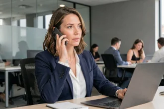Femme professionnelle en bureau sécurisant un appel entrant sur smartphone avec numéro 0270