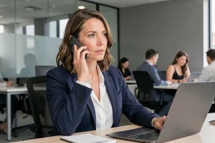 Femme professionnelle en bureau sécurisant un appel entrant sur smartphone avec numéro 0270