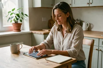 Femme éteignant une tablette numérique dans une cuisine sobre et naturelle, illustrant la sobriété numérique au quotidien