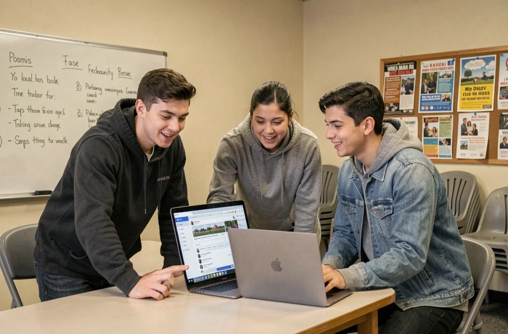Un groupe de jeunes adultes réunis autour d'un ordinateur portable dans un centre communautaire, discutant d'informations locales partagées sur les réseaux sociaux