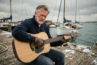 Guitariste jouant des tabs Santiano sur un quai de port de pêche avec des bateaux en arrière-plan
