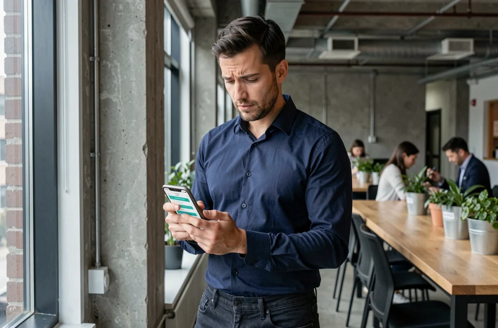 Homme en espace de coworking consultant son smartphone pour vérifier un abonnement business gratuit disponible
