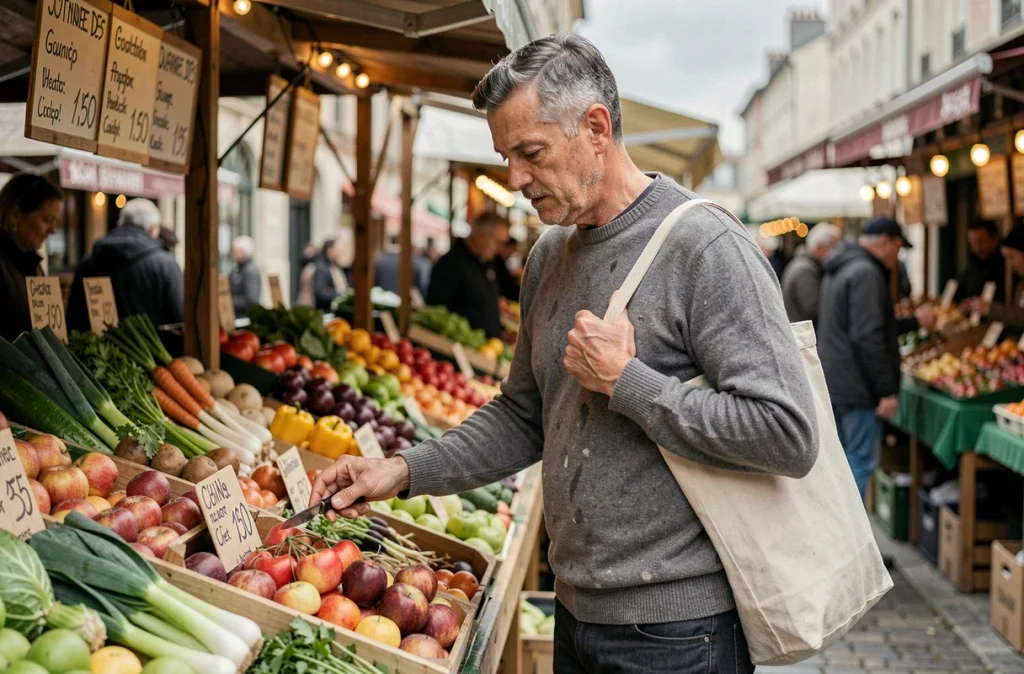 Homme faisant ses courses au marché en plein air pour réduire ses dépenses alimentaires