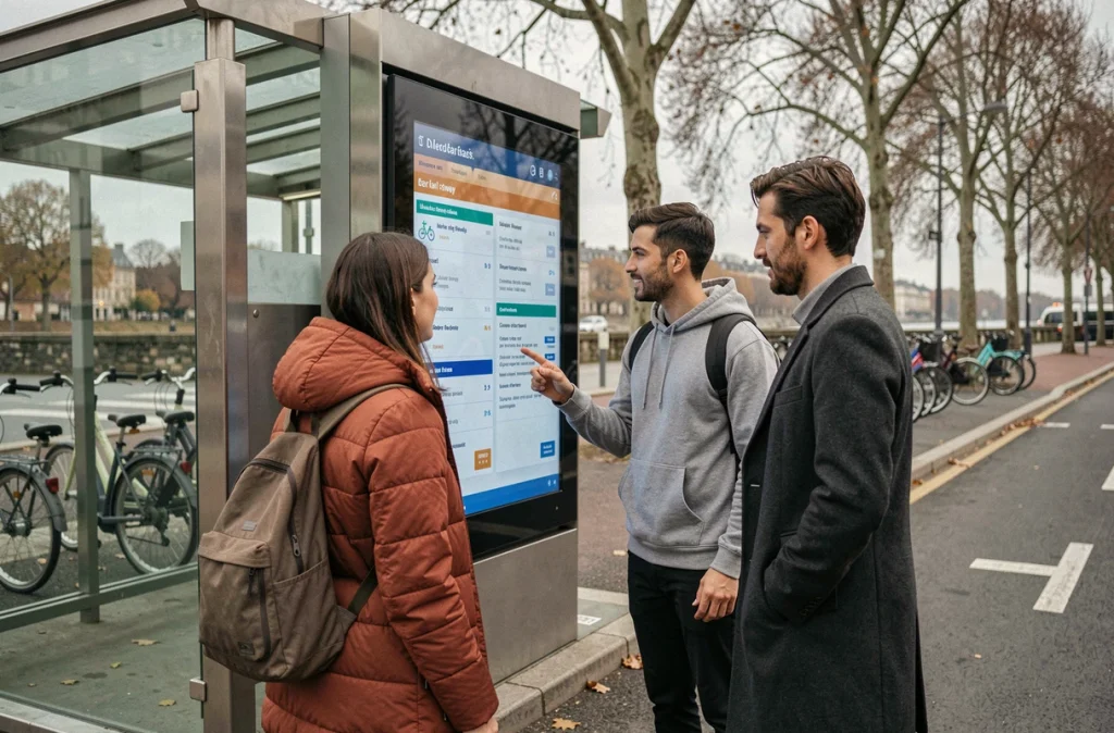 Trois usagers consultant un kiosque numérique de mobilité multimodale à Bordeaux, symbole de la transformation des transports urbains en France