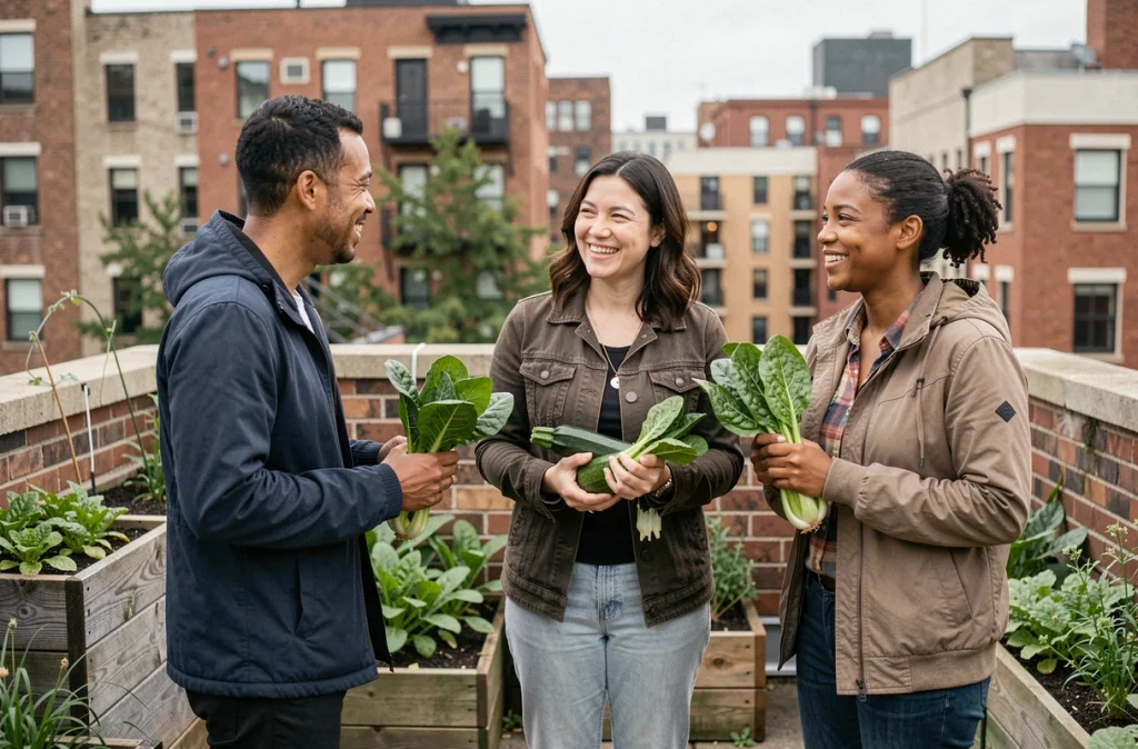 Groupe de résidents urbains récoltant des légumes dans un jardin collectif aménagé sur un toit d'immeuble en ville