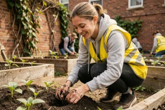 Jeune femme bénévole plantant des semis dans un jardin communautaire urbain avec un sourire naturel