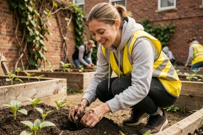 Jeune femme bénévole plantant des semis dans un jardin communautaire urbain avec un sourire naturel