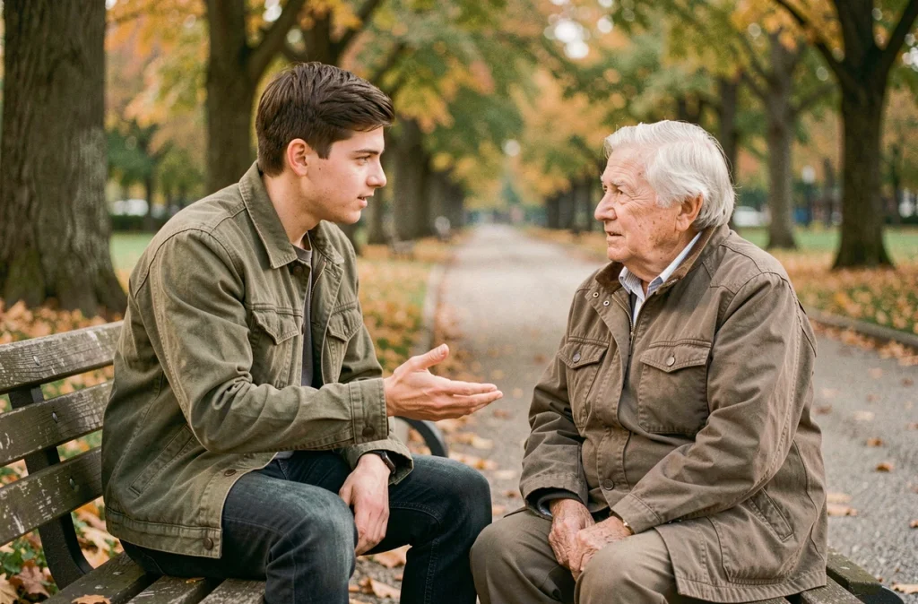 Jeune bénévole accompagnant une personne âgée sur un banc de parc lors d'une action de solidarité intergénérationnelle