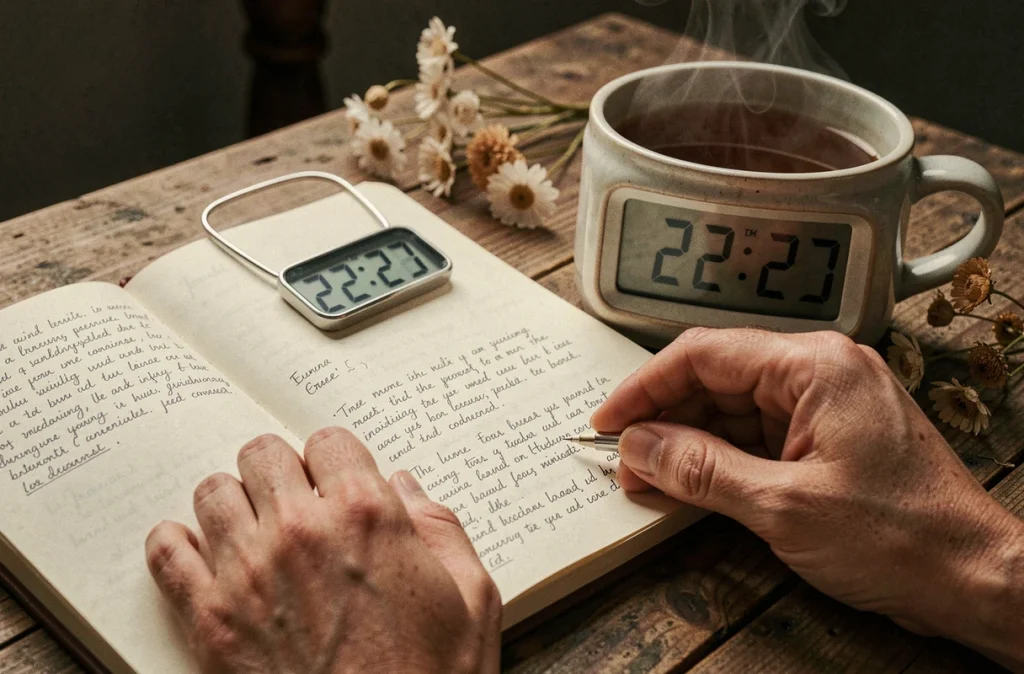 Mains et journal ouvert près d'une horloge affichant 22h22, symbolisant la réflexion spirituelle et le message des anges gardiens