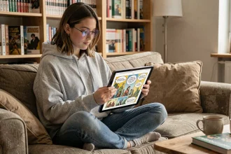 Jeune femme lisant une BD numérique en français sur tablette dans un salon cosy entouré de bandes dessinées