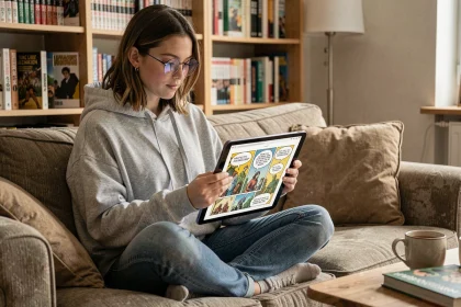 Jeune femme lisant une BD numérique en français sur tablette dans un salon cosy entouré de bandes dessinées