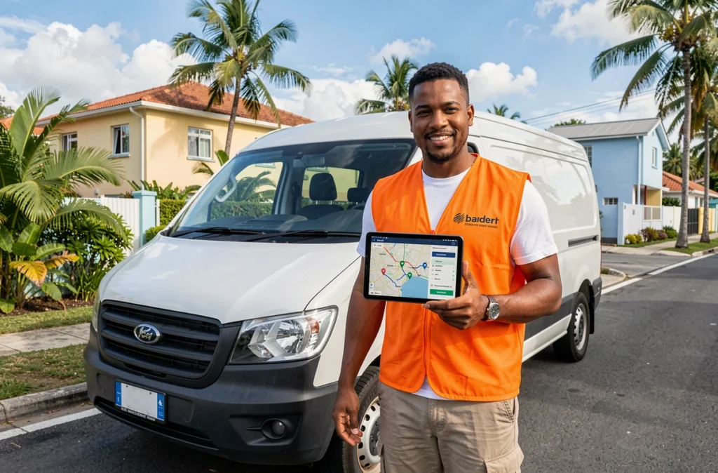 Livreur consultant une carte numérique des zones postales de l'Île Maurice devant son camion de livraison