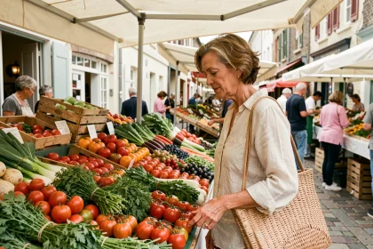 Femme faisant ses courses au marché de Deauville avec un panier en osier rempli de légumes frais et d'herbes aromatiques