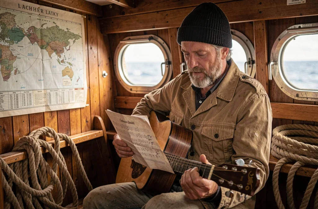 Marin d'âge mûr étudiant des tablatures de guitare Santiano dans la cabine d'un bateau de pêche