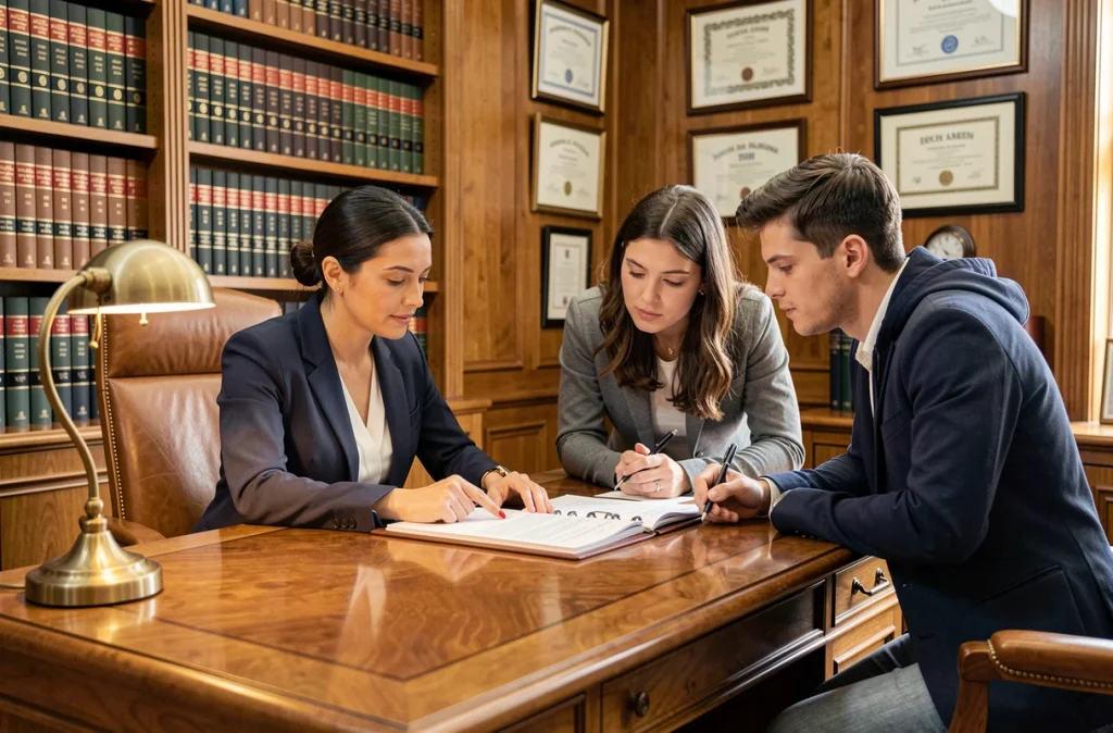 Notaire expliquant les clauses d'un contrat viager à de jeunes investisseurs dans une étude notariale
