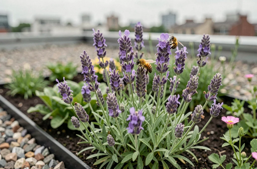 Gros plan sur des pollinisateurs butinant des fleurs dans un jardin potager installé sur un toit en milieu urbain