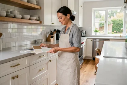 Femme examinant des échantillons de peinture dans une cuisine rénovée avec des armoires blanches et un plan de travail en quartz gris