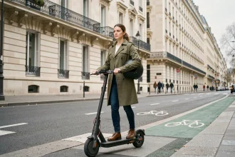 Une femme à trottinette électrique sur un boulevard haussmannien à Paris, illustrant les nouvelles tendances de mobilité urbaine