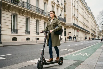 Une femme à trottinette électrique sur un boulevard haussmannien à Paris, illustrant les nouvelles tendances de mobilité urbaine