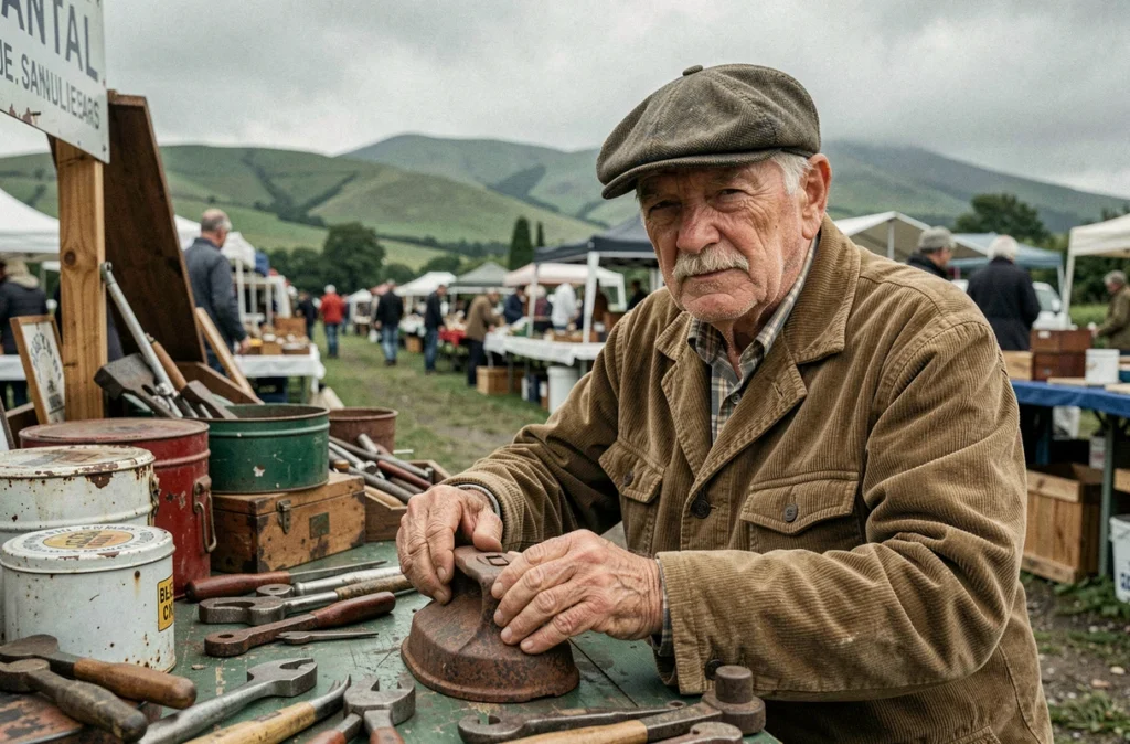 Vendeur âgé assis derrière son étal de brocante avec outils anciens et paysage du Cantal en arrière-plan