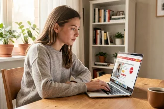 Jeune femme vérifiant la disponibilité d'un abonnement gratuit sur un site web depuis son bureau à domicile