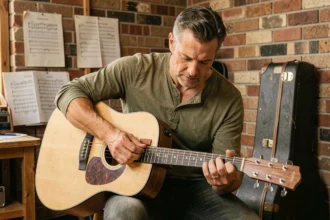 Musicien ajustant un sillet de guitare acoustique en bois d'érable dans un studio rustique